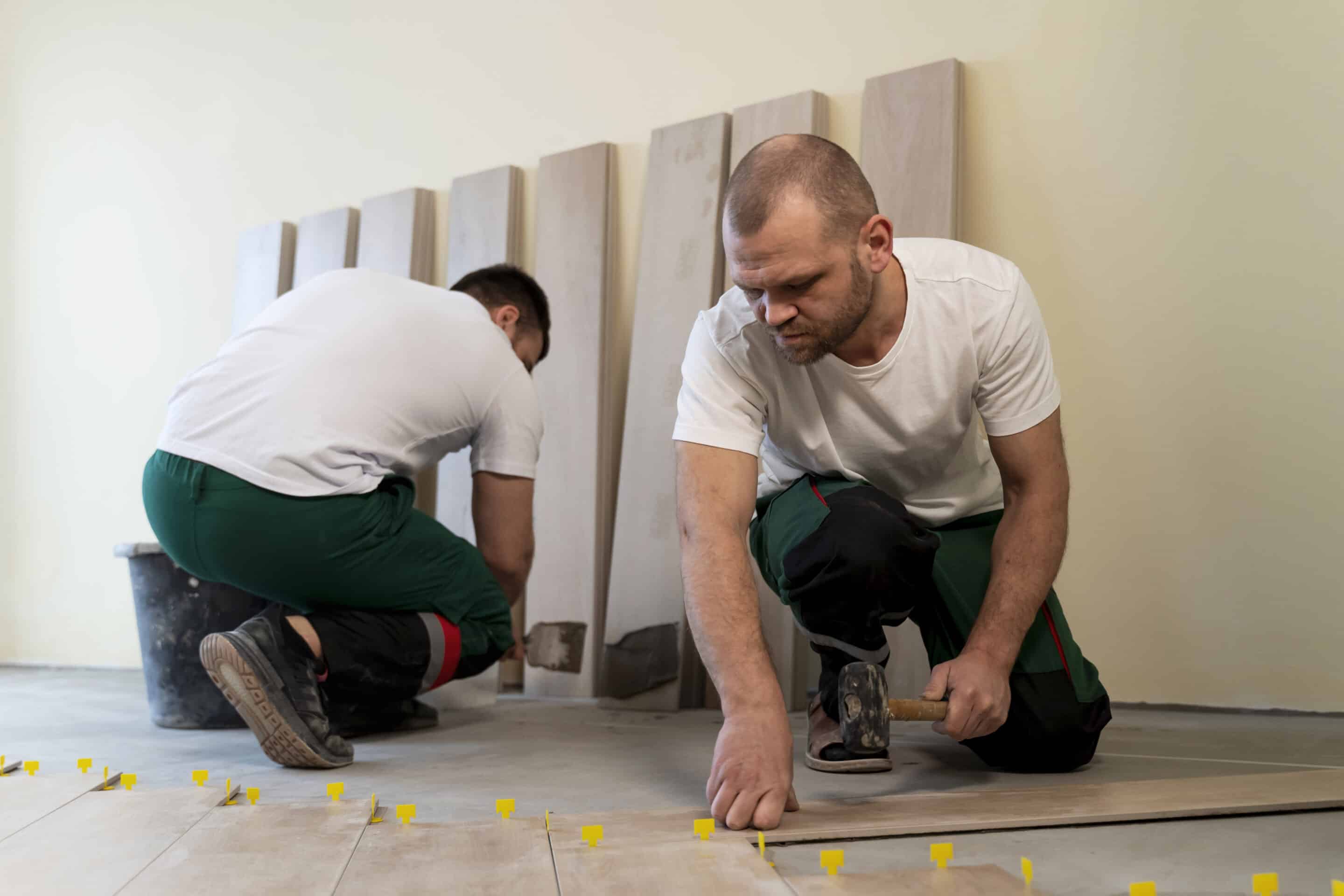 two men placing wooden floors down using adhesives