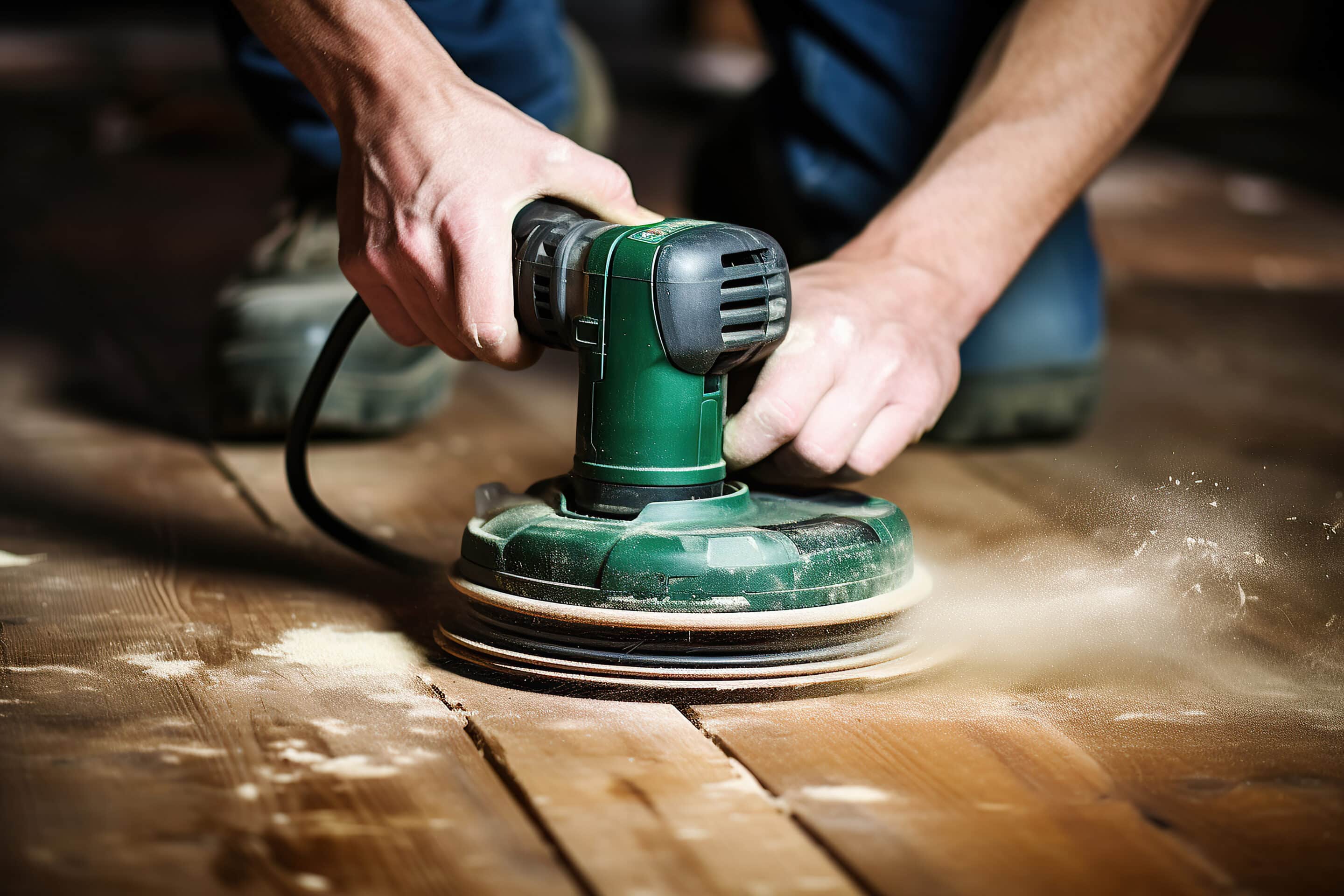 Close-up of a carpenter using a sander on a wooden floor.
